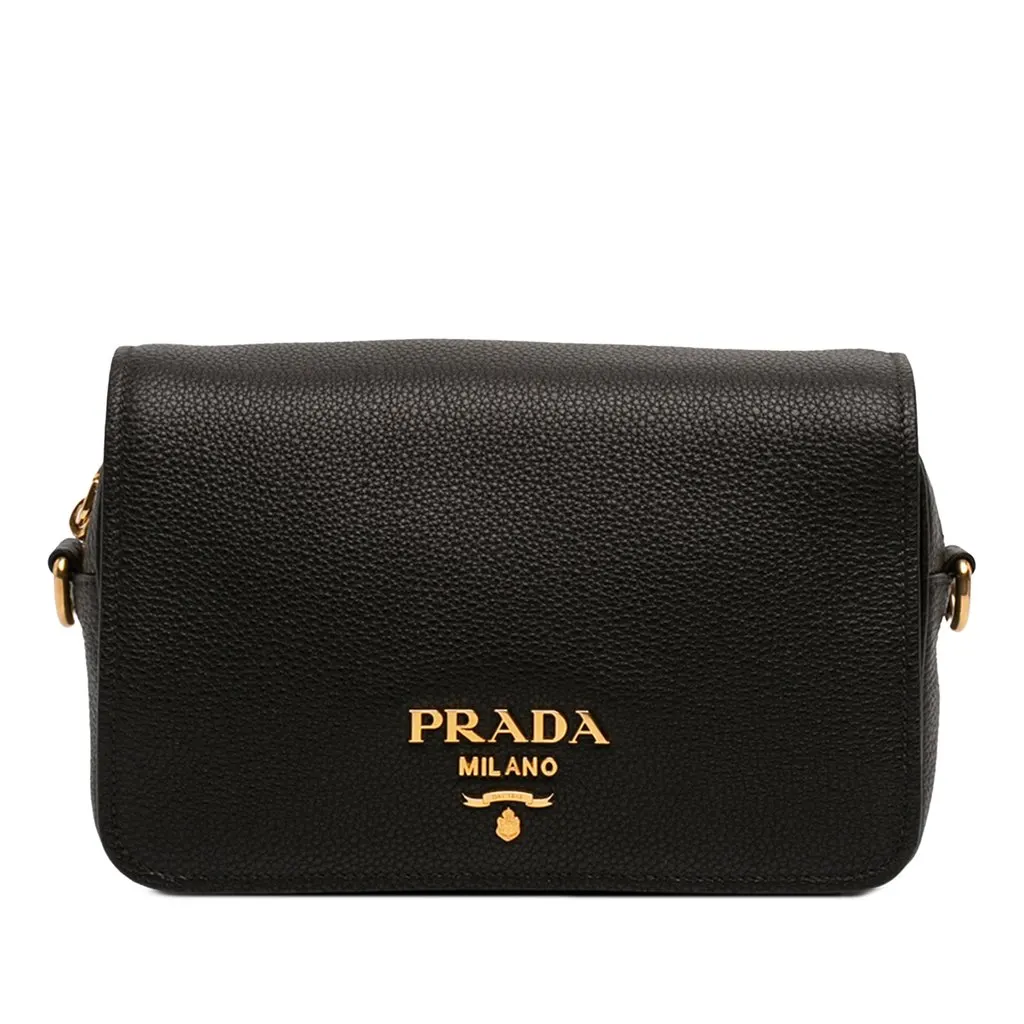 Prada Vitello Phenix Flap Crossbody Black Leather Good - Front View