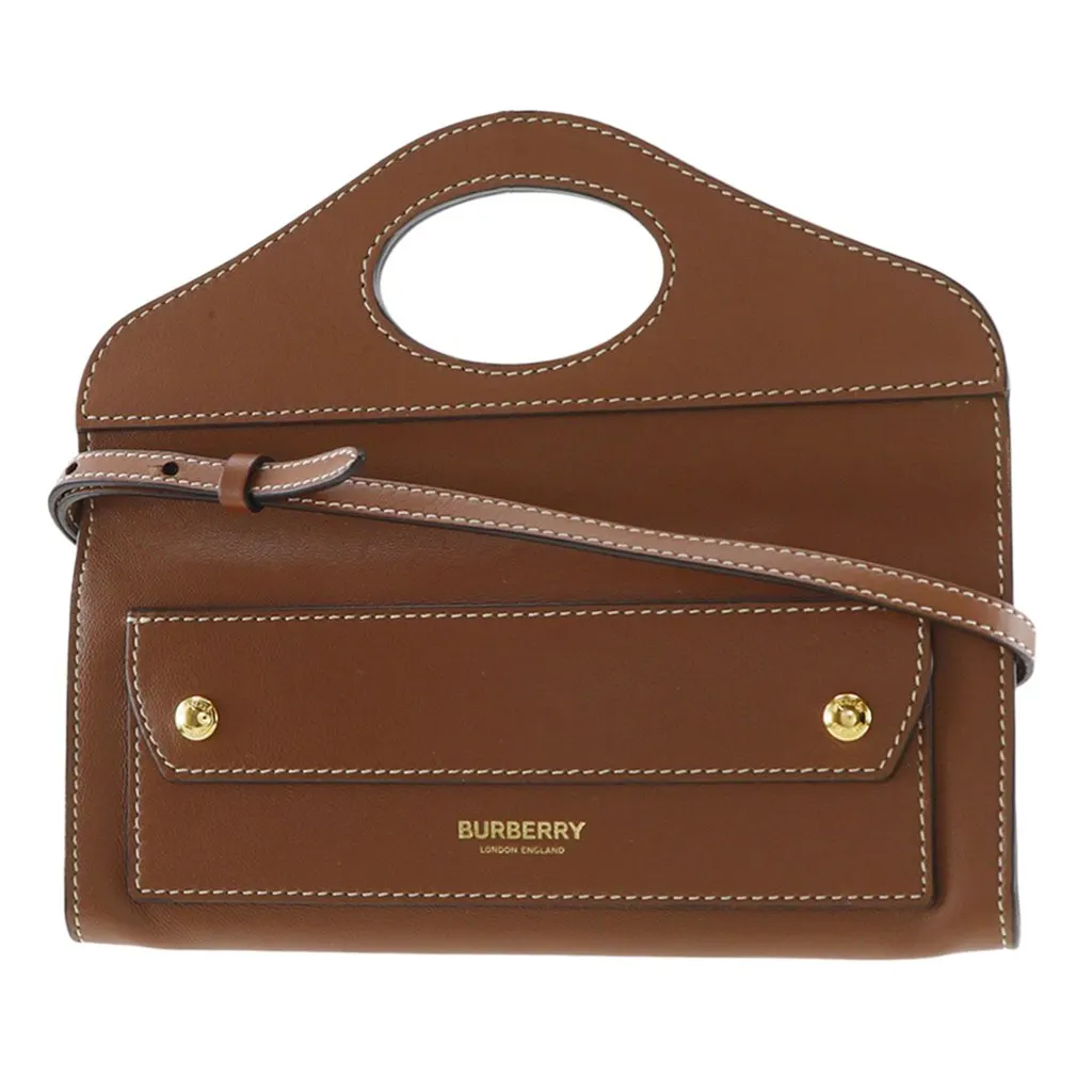Burberry Calfskin Pocket Clutch with Strap Brown Leather Very good - Front View