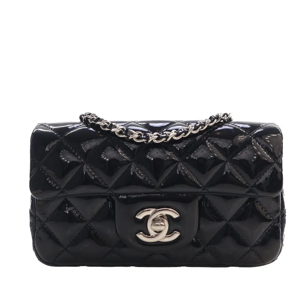 Chanel Extra Mini Rectangular Classic Patent Single Flap Black Leather Very good - Front View