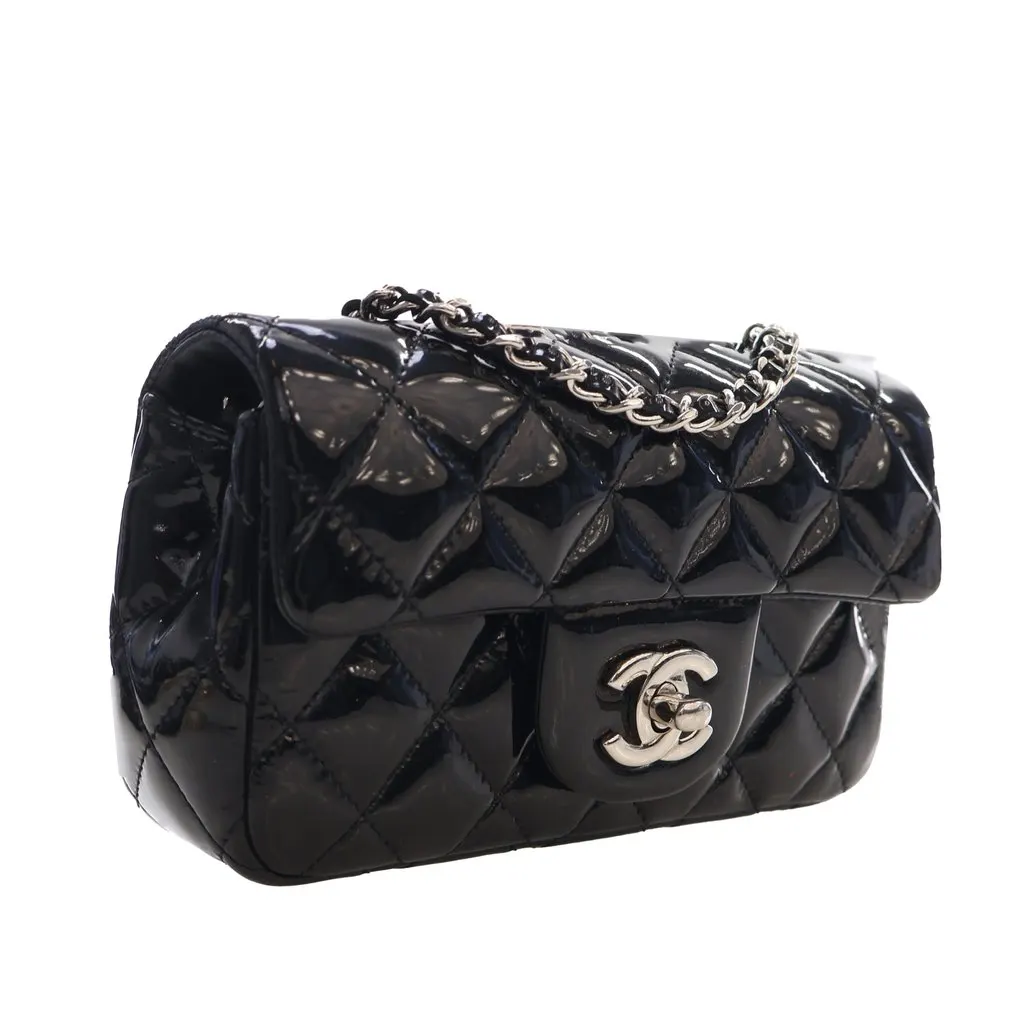Chanel Extra Mini Rectangular Classic Patent Single Flap Black Leather Very good - Back View