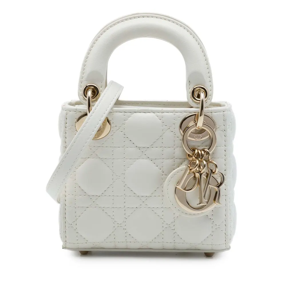 Dior Micro Lambskin Cannage Lady Dior White Leather Very good - Front View