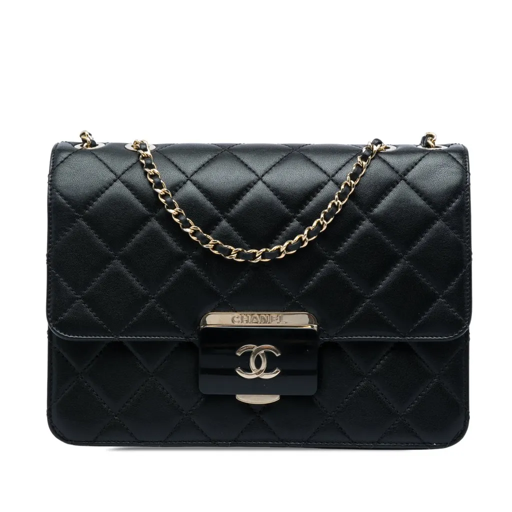 Chanel Medium Quilted Sheepskin Beauty Lock Flap Black Leather Good - Front View