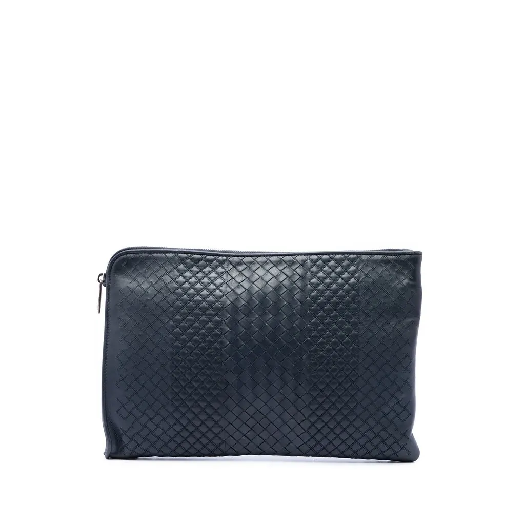 Bottega Veneta Nappa Intreccio Imperatore Zip Clutch Blue Leather Very good - Front View