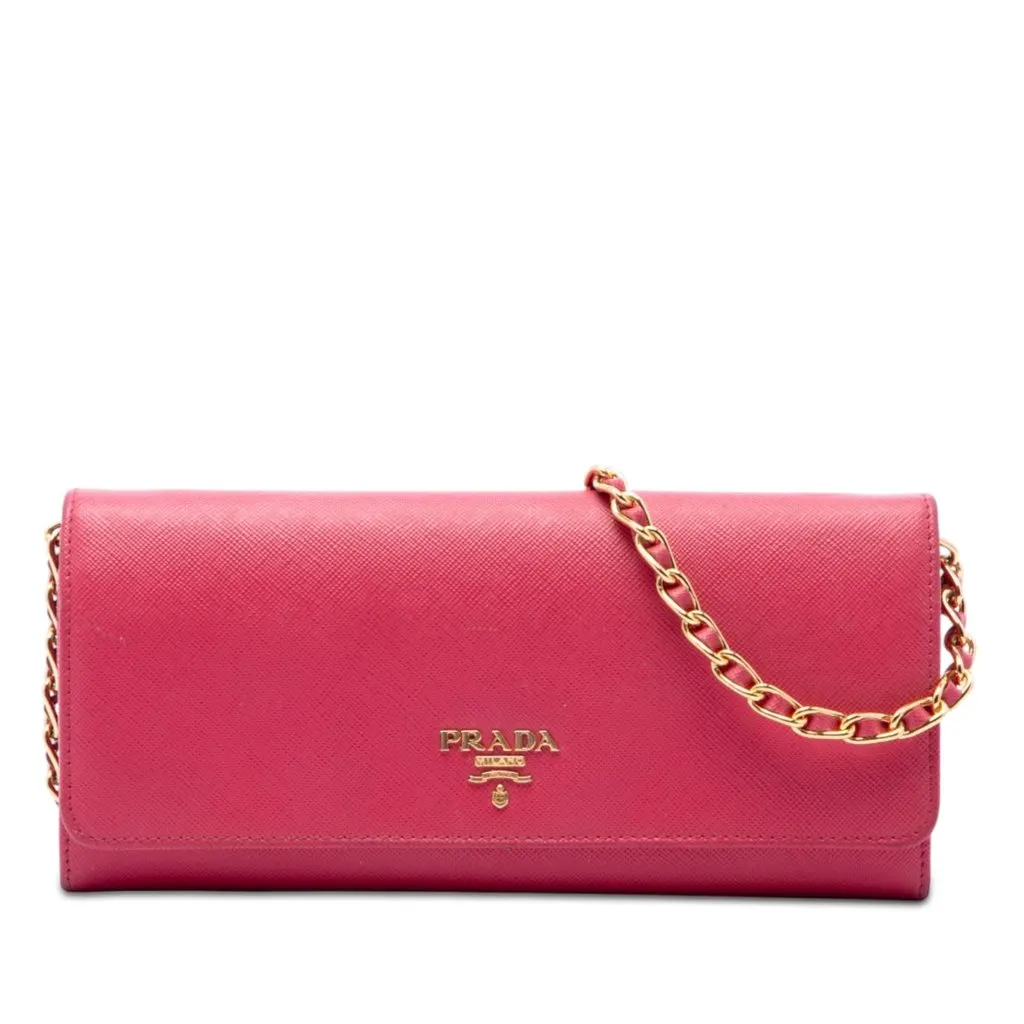 Prada Saffiano Wallet On Chain Pink Leather Very good - Front View