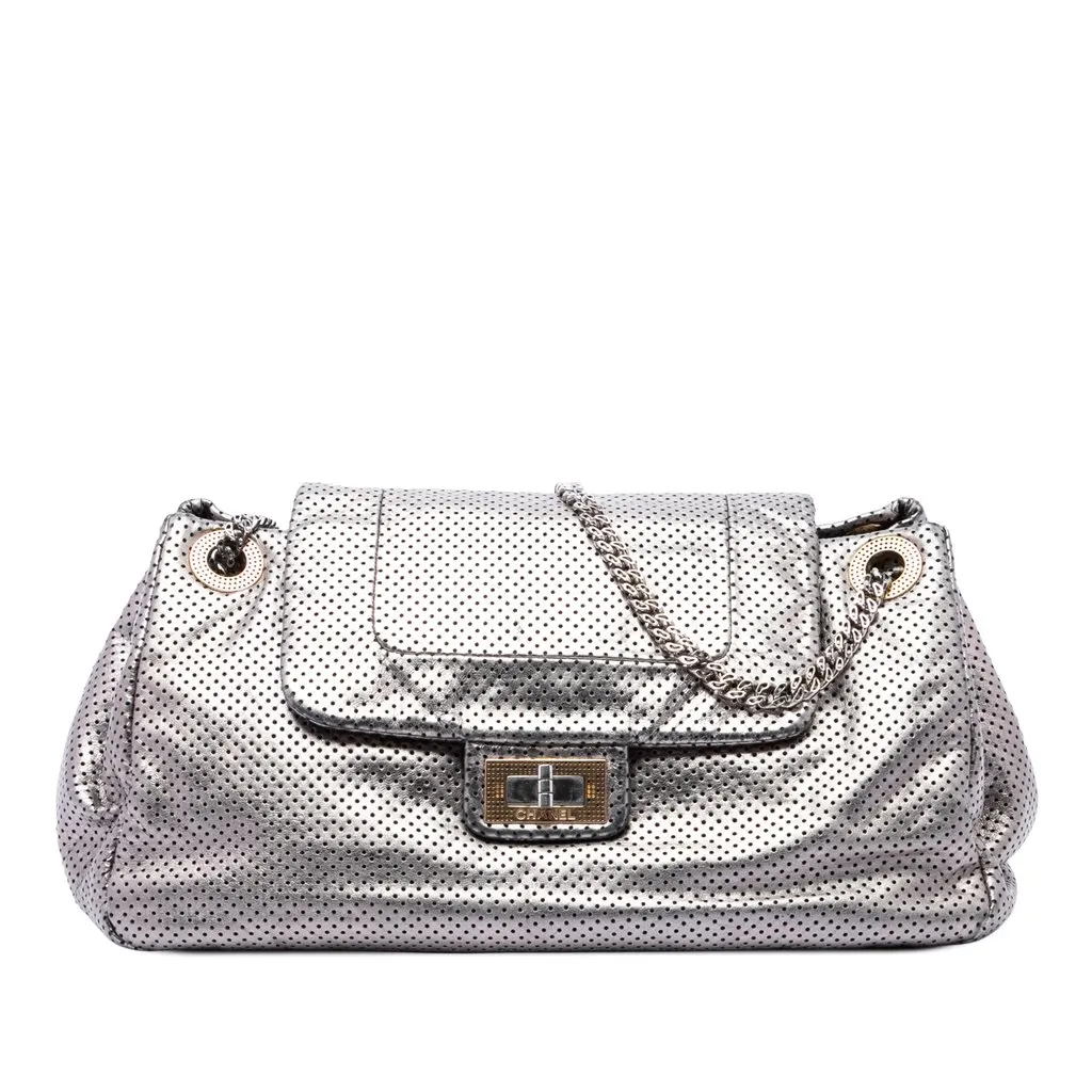 Chanel Metallic Perforated Calfskin Reissue 2.55 Drill Accordion Flap Silver Leather Very good - Front View