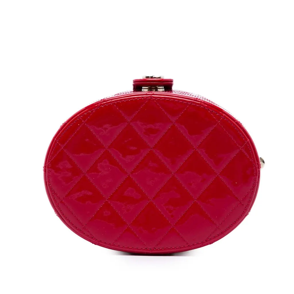 Chanel CC Quilted Patent Round Vanity Case with Chain Red Leather Very good - Inside View