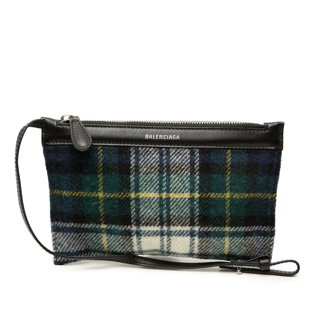 Balenciaga Plaid Wool Navy Cabas Pouch Green Wool Very good - Front View