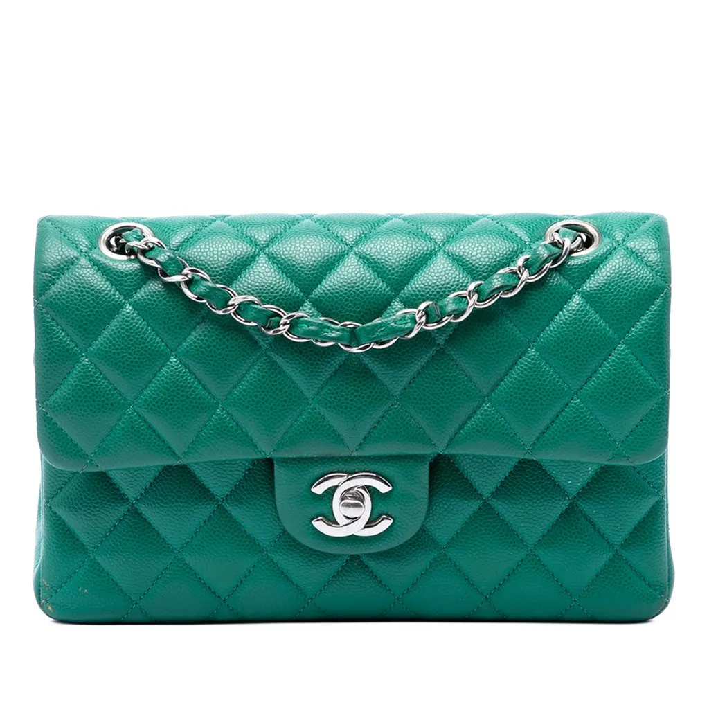Chanel Small Classic Caviar Double Flap Green Leather Very good - Front View