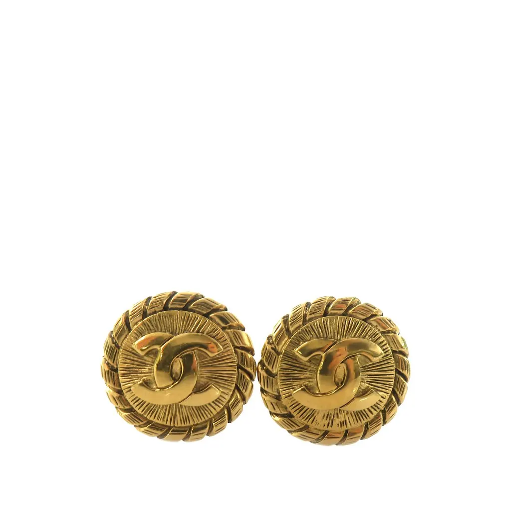 Chanel CC Gold Plated Sunburst Round Clip On Earrings