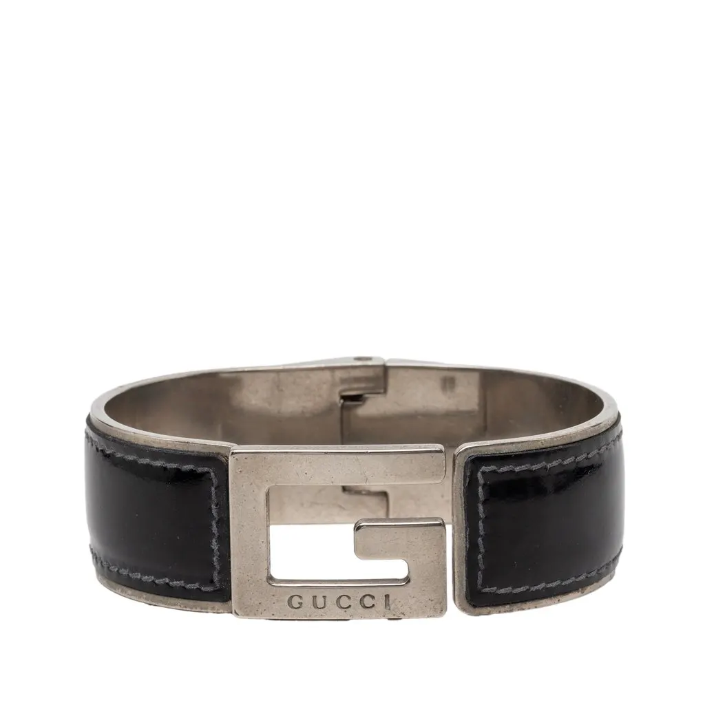 Gucci Leather and Brass G Cuff Bracelet Black Leather Very good - Front View