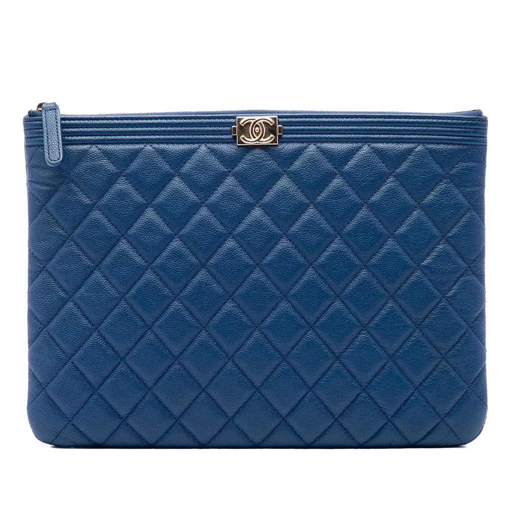 Chanel Medium Quilted Caviar Boy O Case Clutch Blue Leather Good - Front View