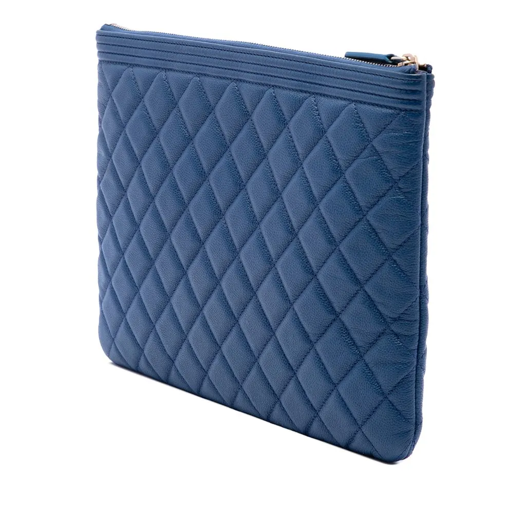 Chanel Medium Quilted Caviar Boy O Case Clutch Blue Leather Good - Back View