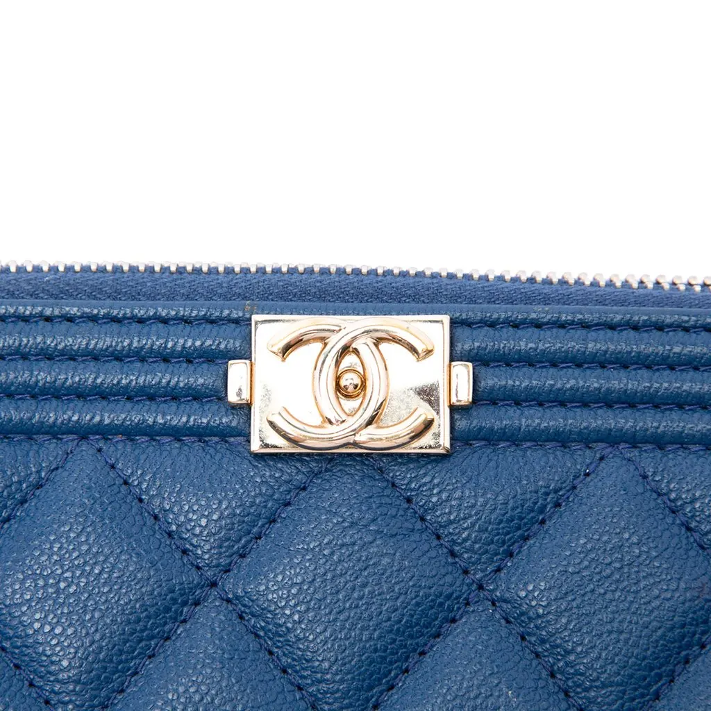 Chanel Medium Quilted Caviar Boy O Case Clutch Blue Leather Good - Box View