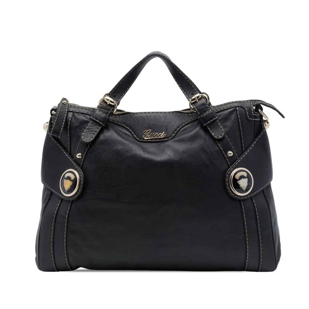 Gucci Calfskin Crest Boule Top Handle Bag Black Leather Good - Front View