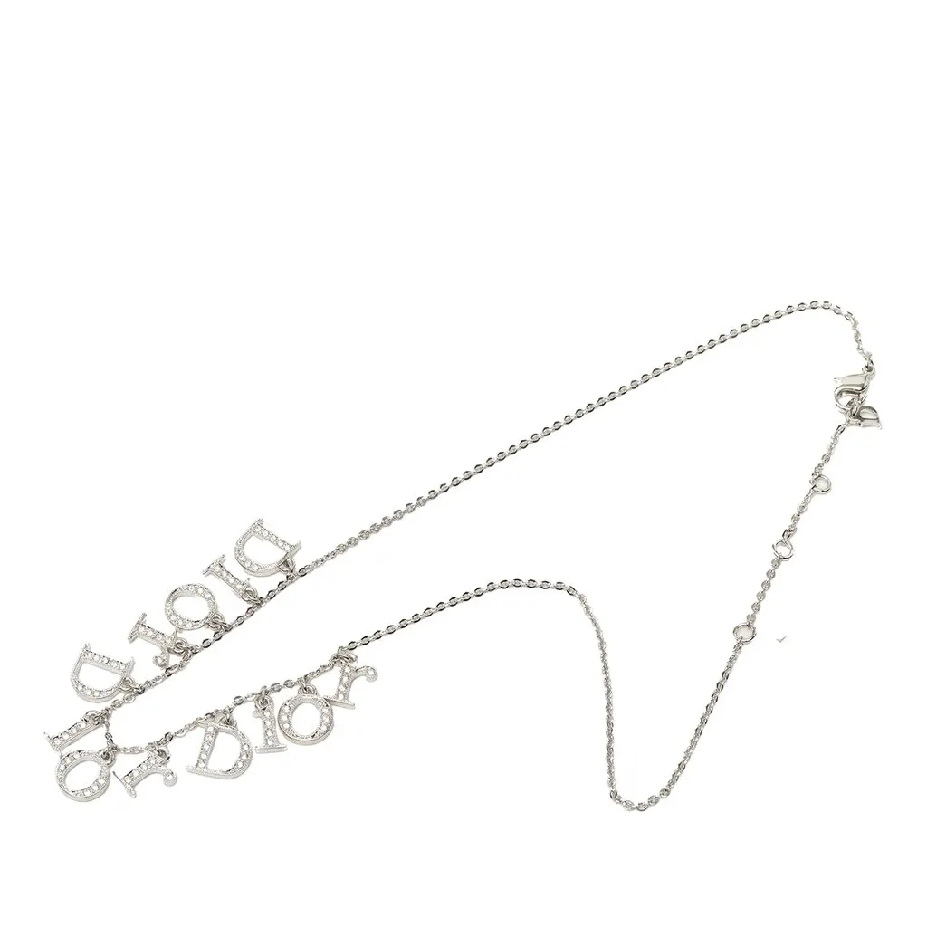 Dior Brass Crystal Embellished Triple Spell Out Charm Necklace