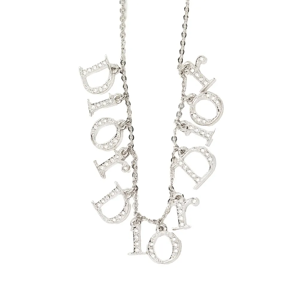 Dior Brass Crystal Embellished Triple Spell Out Charm Necklace Silver Brass Very good - Back View