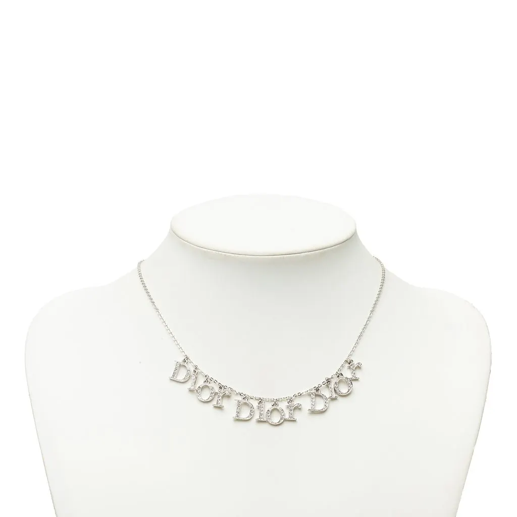 Dior Brass Crystal Embellished Triple Spell Out Charm Necklace Silver Brass Very good - Box View