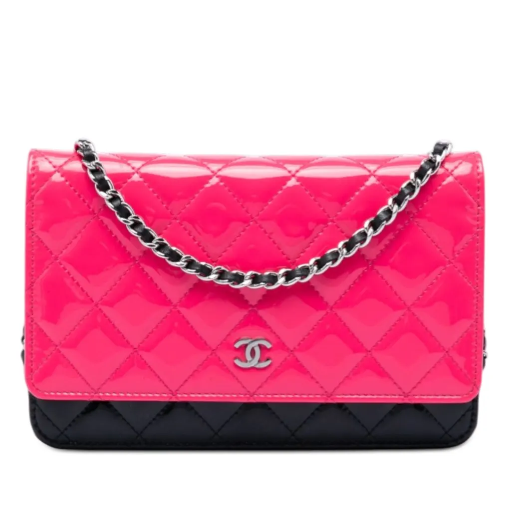 Chanel CC Bicolor Quilted Patent Wallet on Chain Pink Leather Very good - Front View
