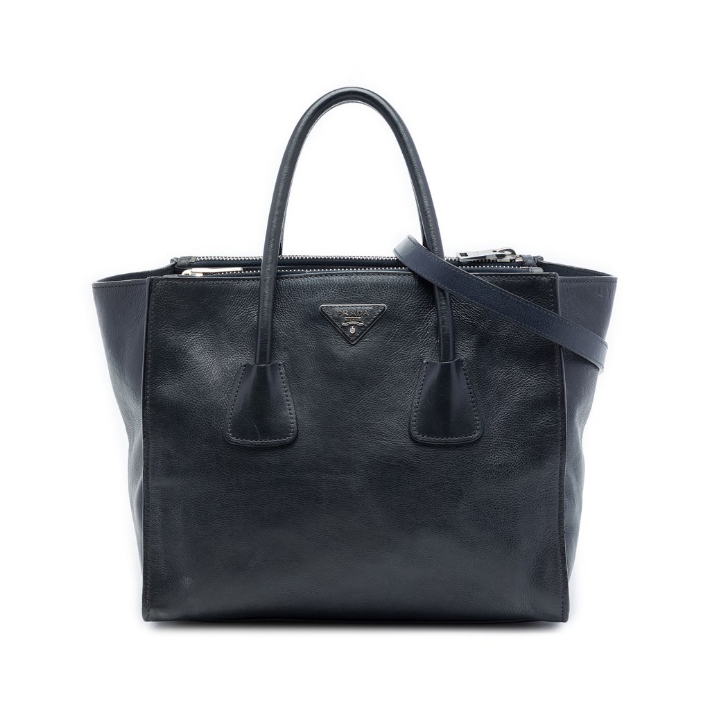 Prada Glace Calf Twin Pocket Double Handle Satchel Black Lar