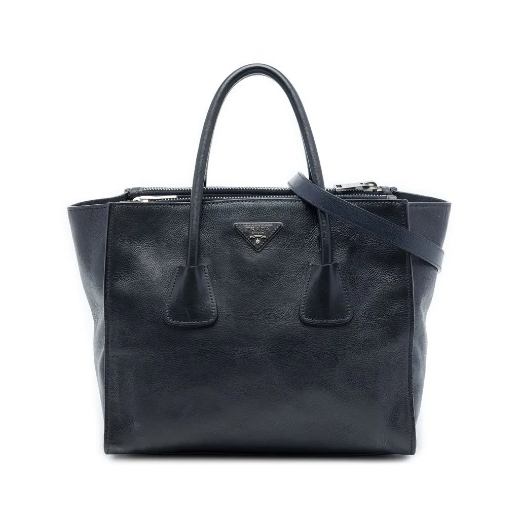 Prada Glace Calf Twin Pocket Double Handle Satchel Black Lar