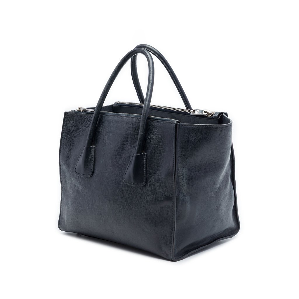 Prada Glace Calf Twin Pocket Double Handle Satchel Black Lar