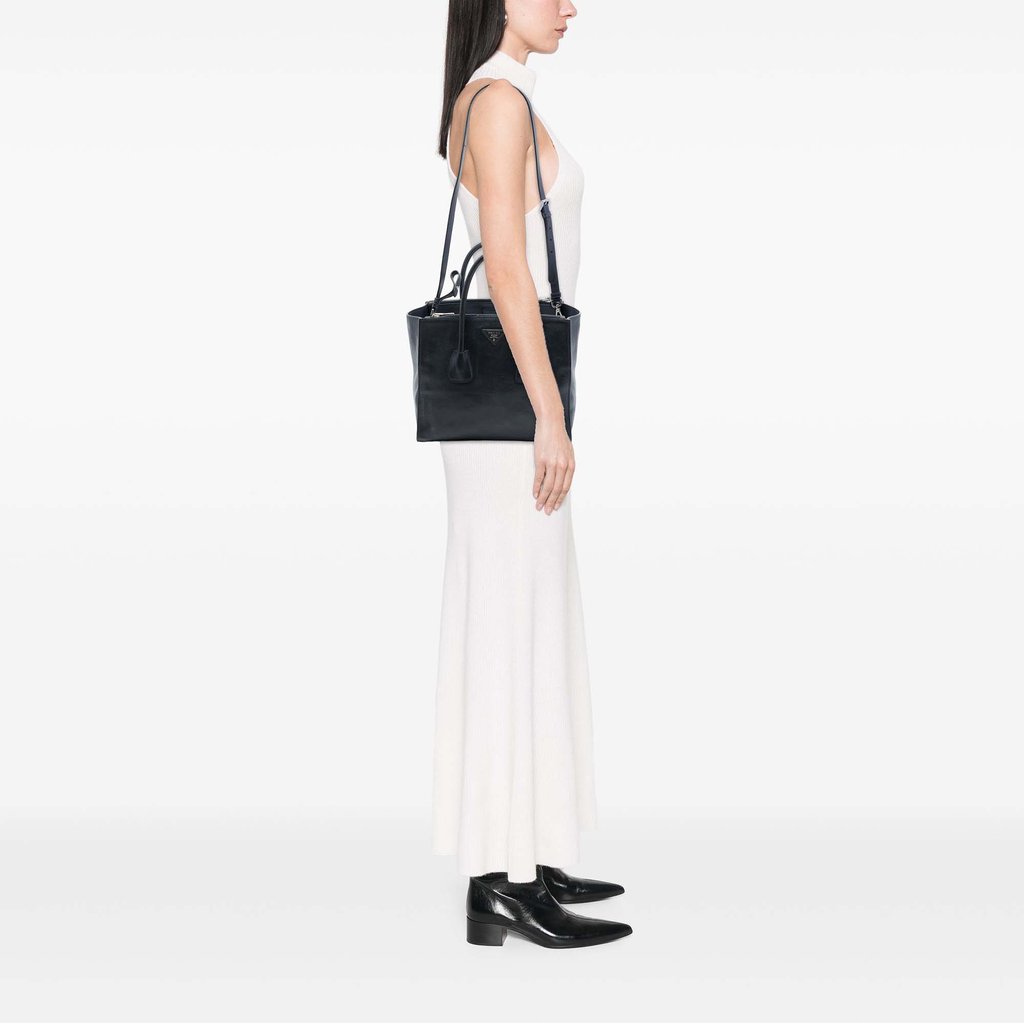 Prada Glace Calf Twin Pocket Double Handle Satchel Black Lar