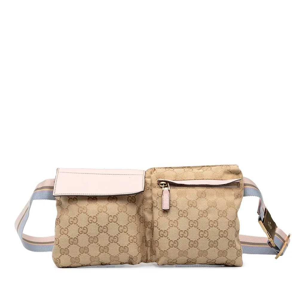 Gucci GG Canvas Web Double Pocket Belt Bag Beige Canvas Good - Front View
