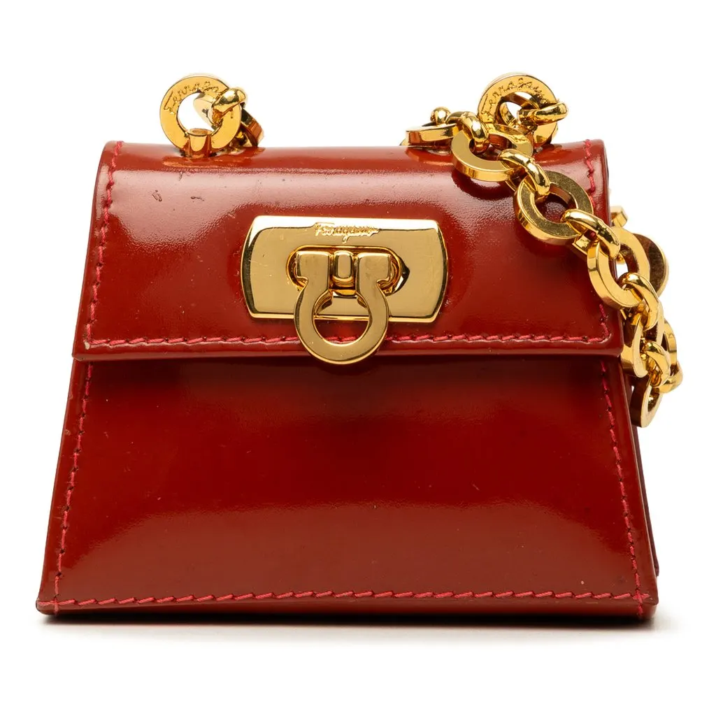 Salvatore Ferragamo Mini Patent Gancini Lock Chain Bag Brown Leather Good - Front View