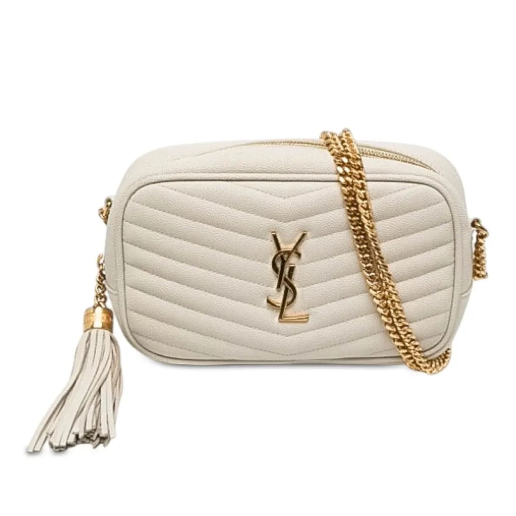 Saint Laurent Mini Grain de Poudre Monogram Lou Tassel Camera Bag White Leather Good - Front View