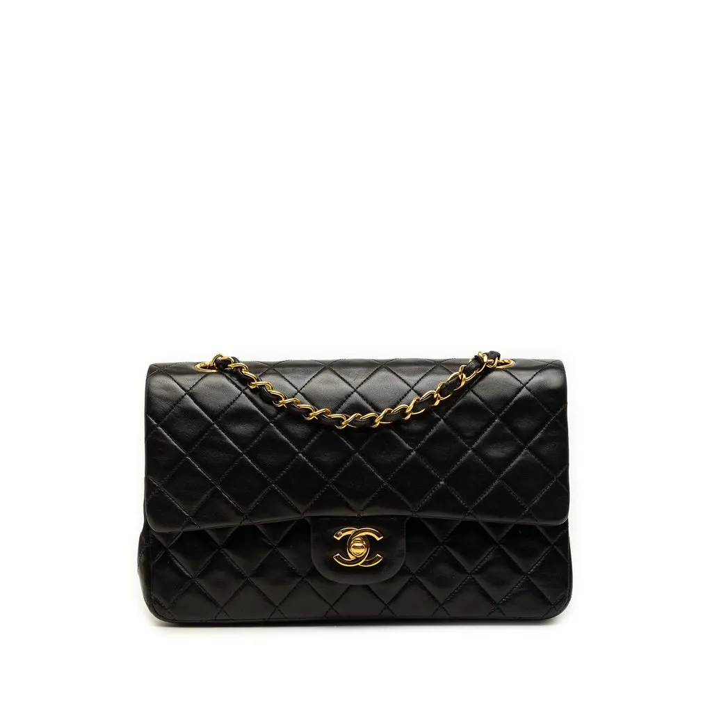 Chanel Medium Classic Lambskin Double Flap Black Leather Very good - Front View