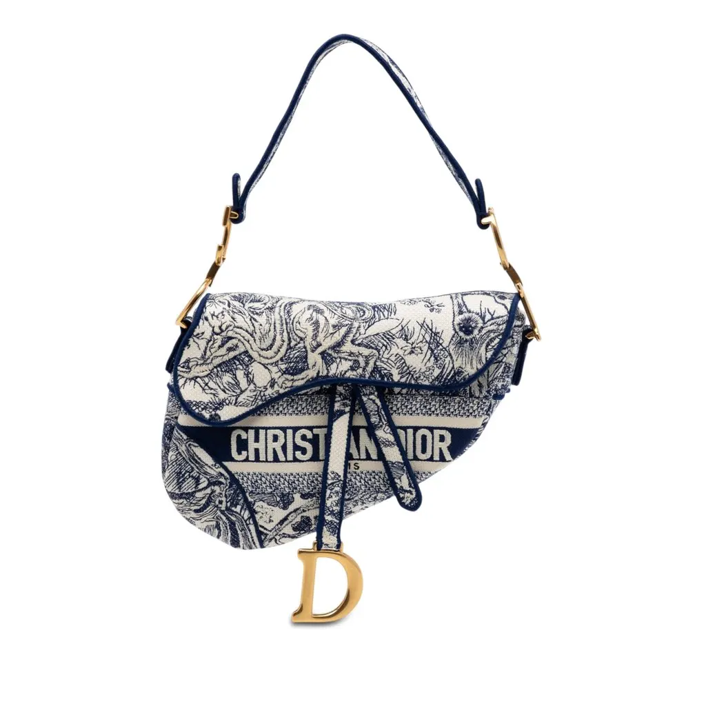 Dior Embroidered Canvas Toile de Jouy Saddle Bag Blue Very good - Front View