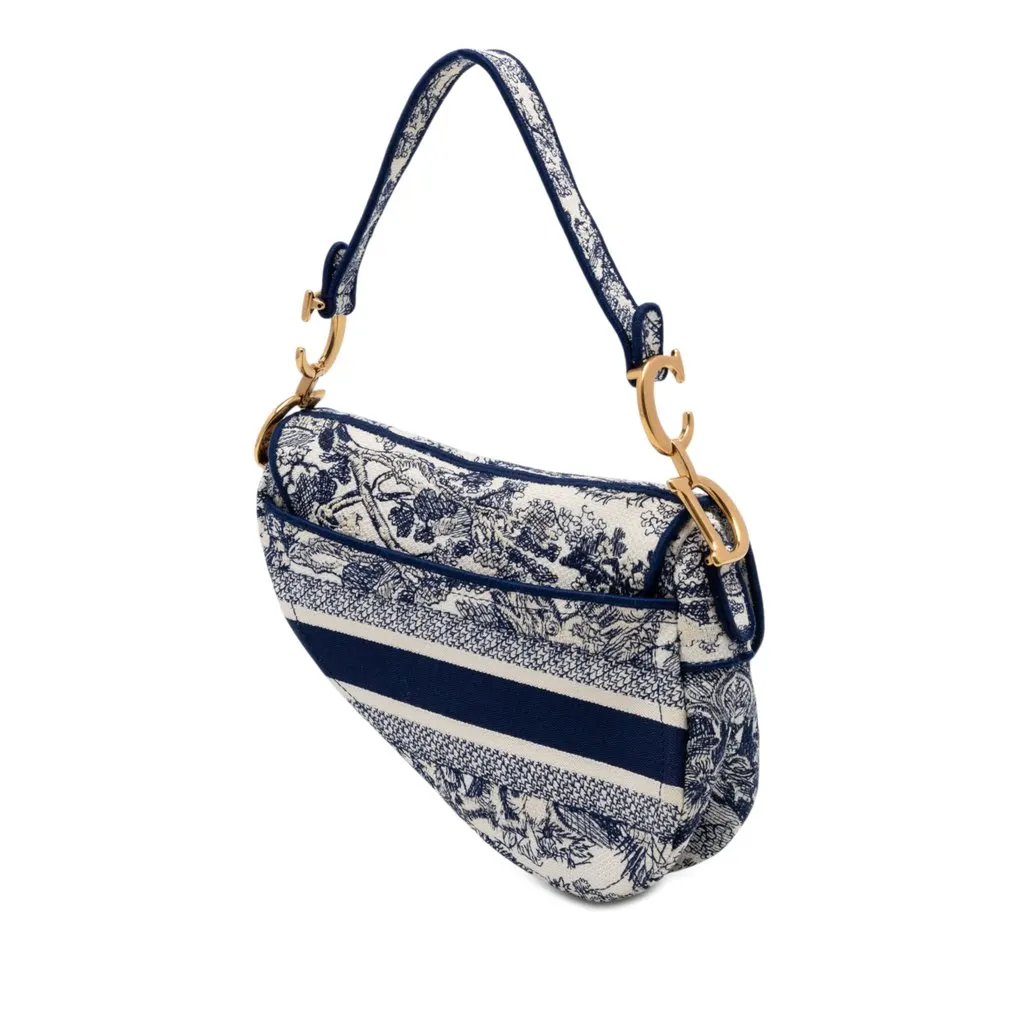 Dior Embroidered Canvas Toile de Jouy Saddle Bag Blue Very good - Back View