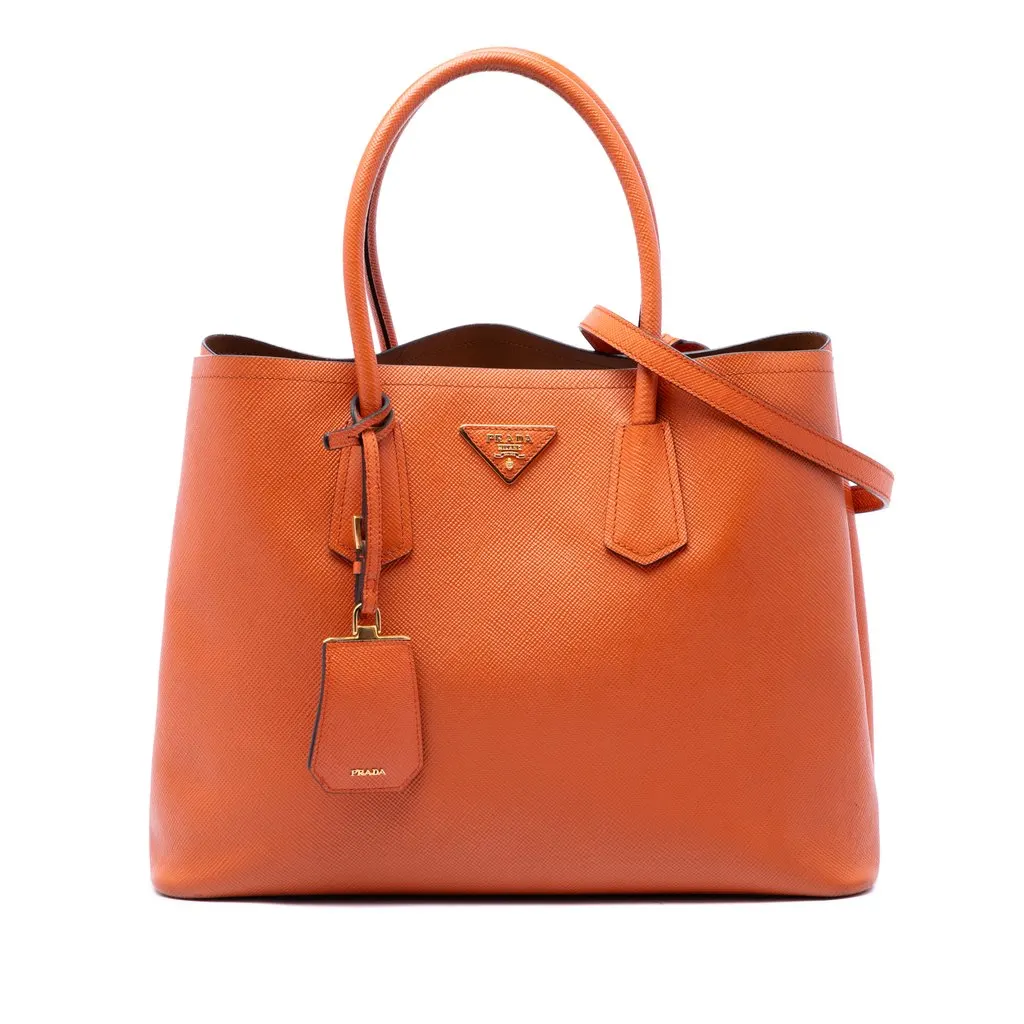 Prada Medium Saffiano Cuir Double Handle Satchel Orange Leather Very good - Front View