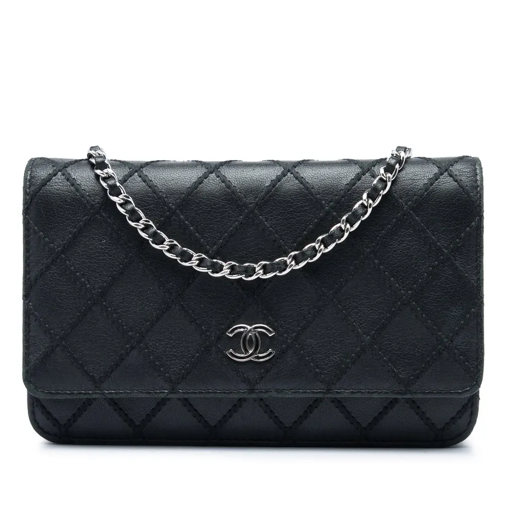 Chanel CC Lambskin Wild Stitch Wallet on Chain Black Leather Very good - Front View