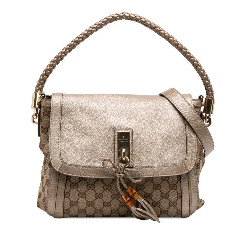 Gucci GG Canvas Bella Flap Satchel Beige Canvas Good - Front View