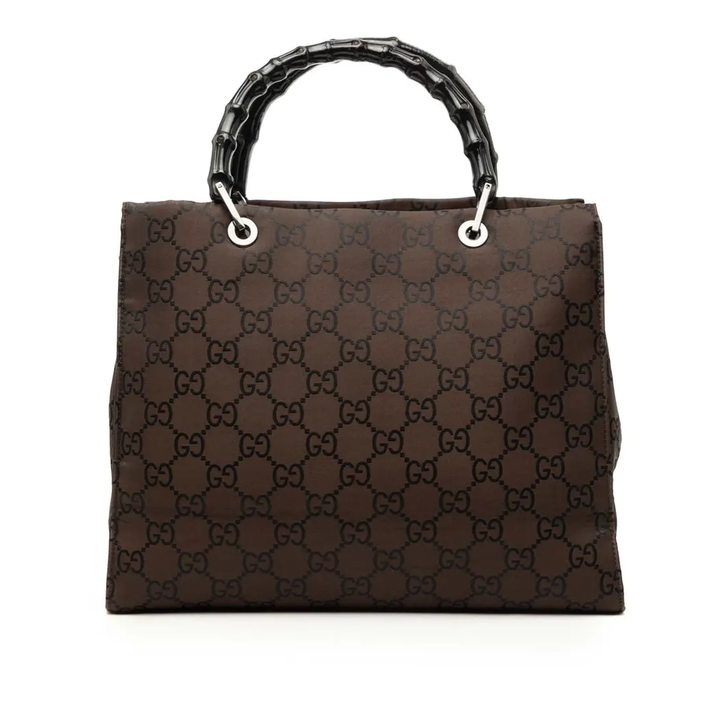 Gucci GG Nylon Bamboo Handbag Brown Good - Front View