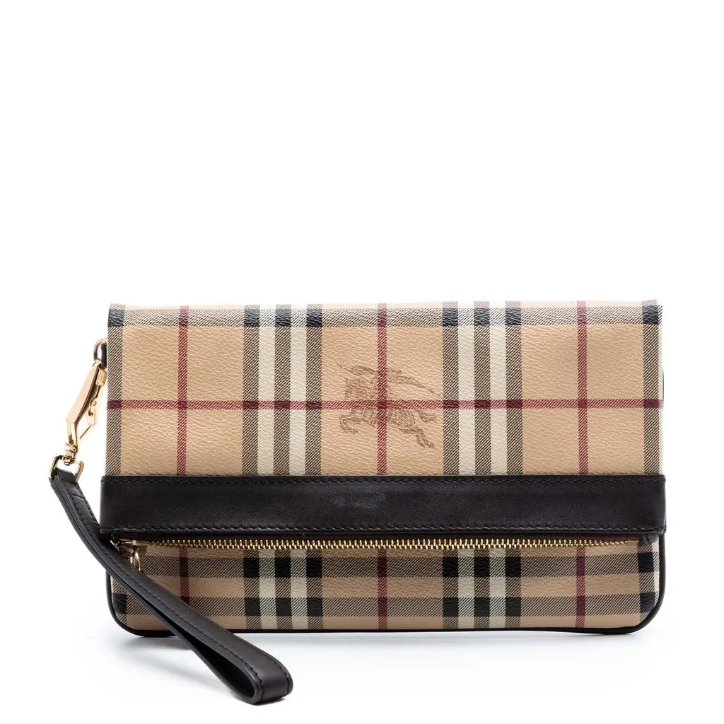 Burberry Haymarket Check Coated Canvas Adeline Fold over Clutch Beige Very good - Front View