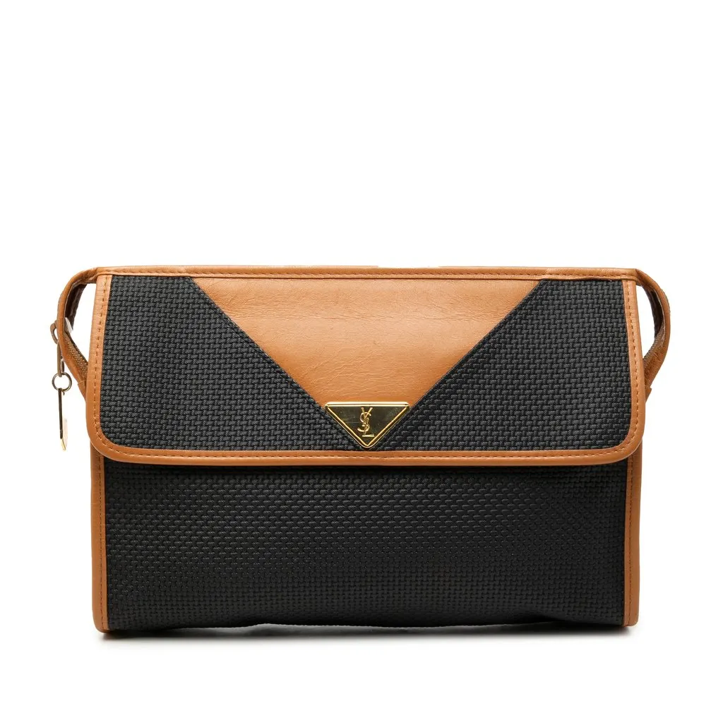 Saint Laurent Leather Trimmed Coated Canvas Clutch Black Very good - Front View