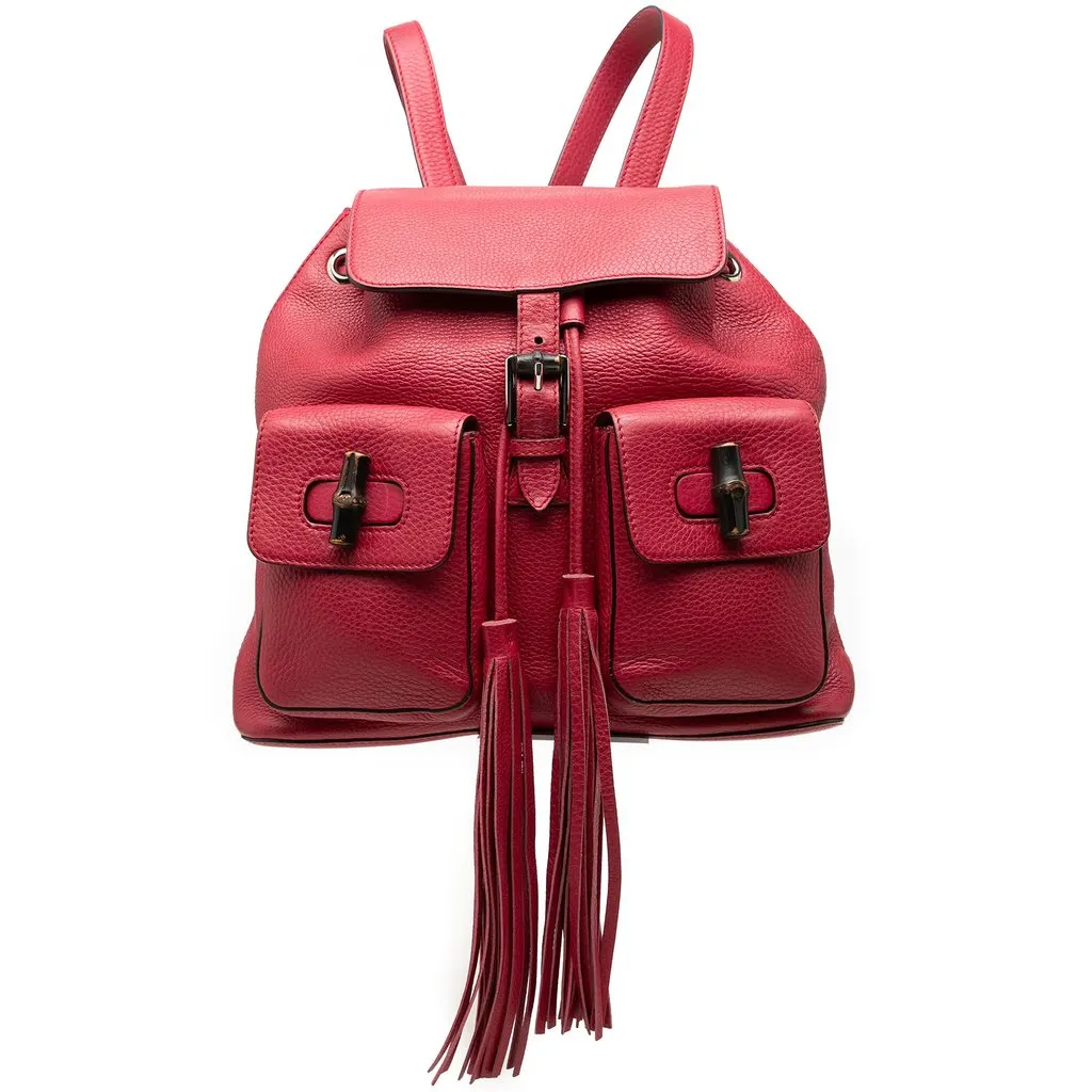 Gucci Large Calfskin Bamboo Tassel Drawstring Backpack Red Leather Good - Front View