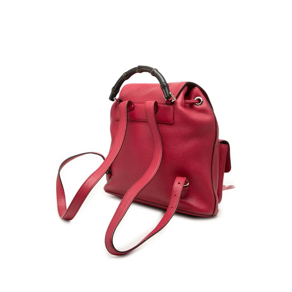Gucci Large Calfskin Bamboo Tassel Drawstring Backpack Red Leather Good - Back View
