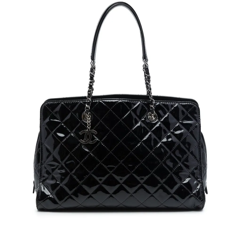 Chanel CC Quilted Patent Charm Tote Black Leather Good - Front View