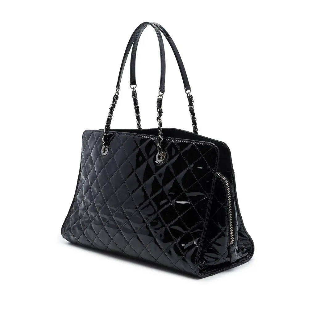 Chanel CC Quilted Patent Charm Tote Black Leather Good - Back View