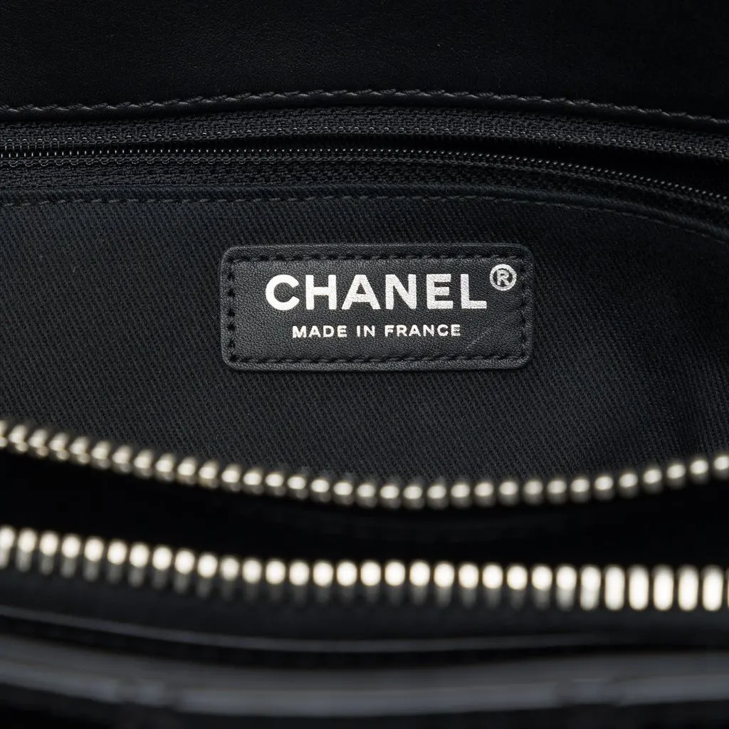 Chanel CC Quilted Patent Charm Tote Black Leather Good - Box View