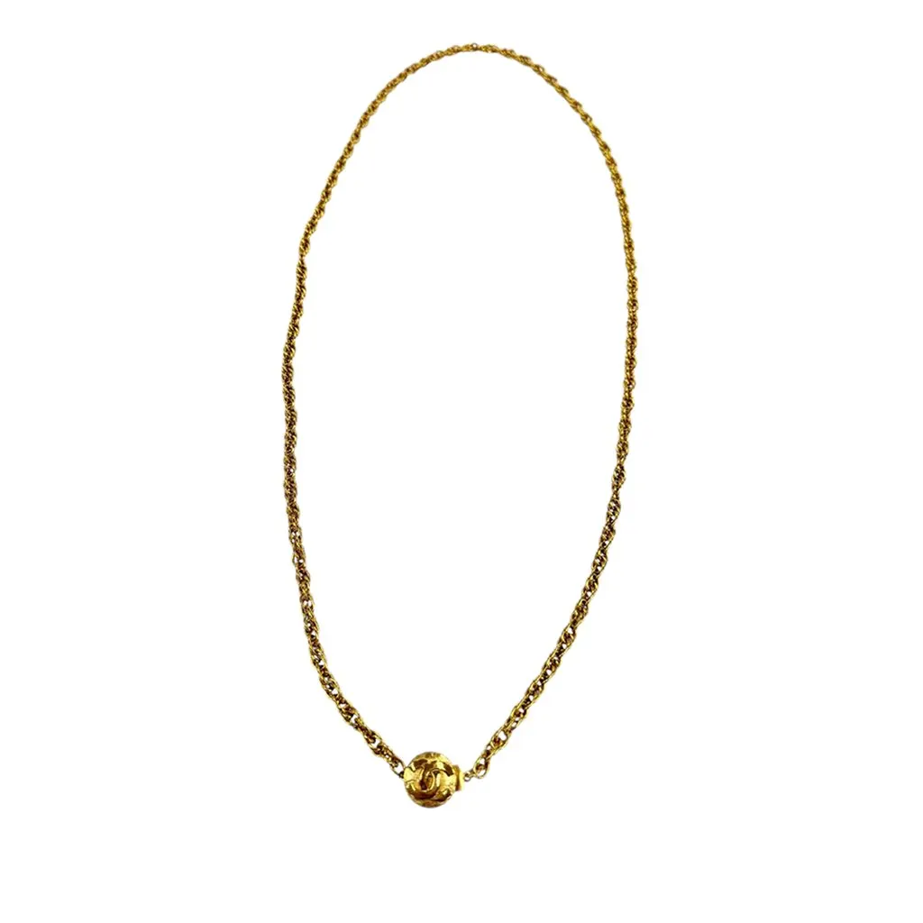 Chanel CC Gold Plated Textured Logo Round Pendant Necklace Gold Metal Very good - Front View