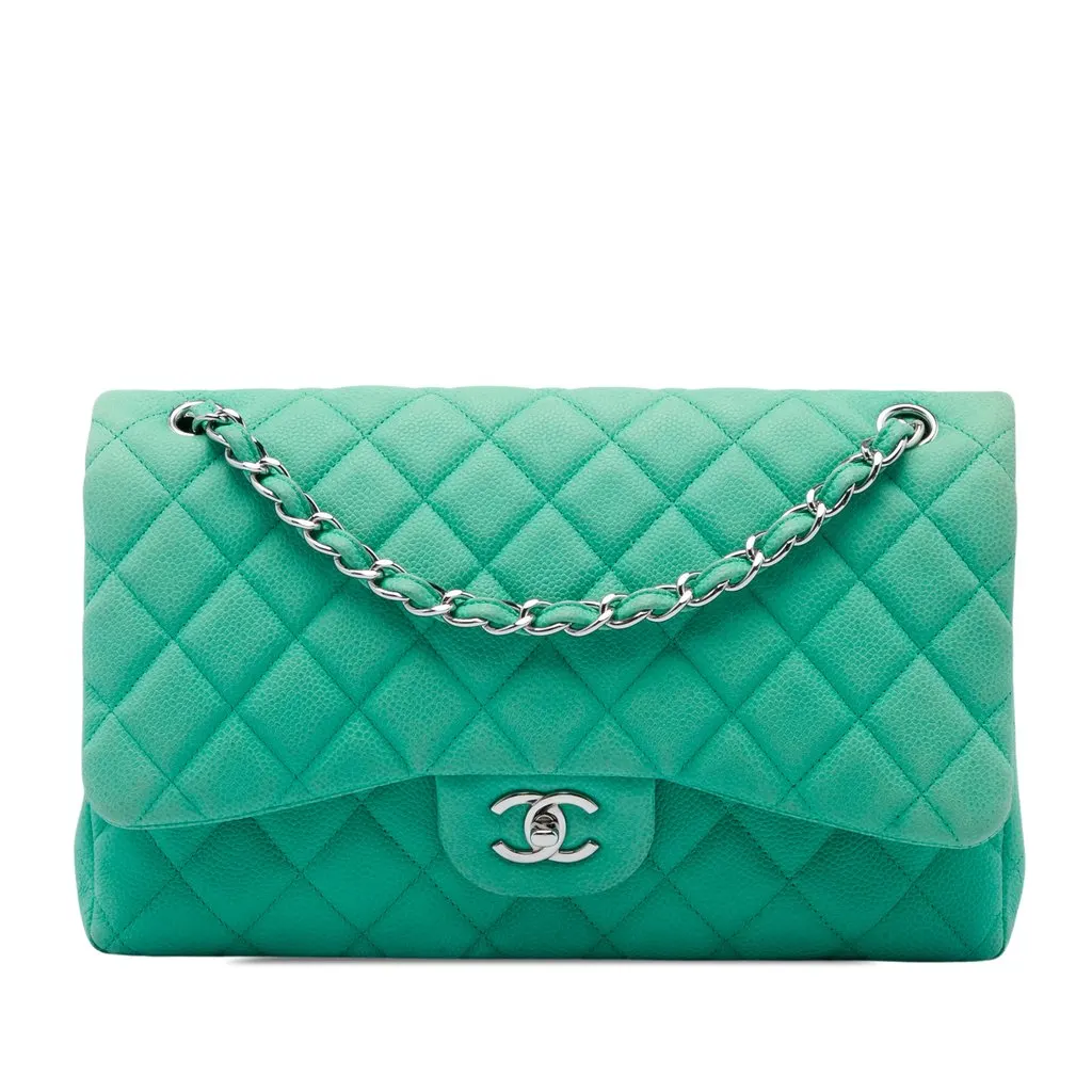 Chanel Jumbo Classic Caviar Double Flap Green Leather Very good - Front View