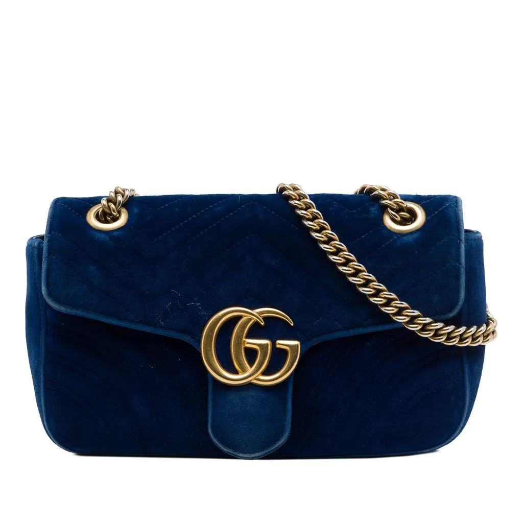 Gucci Medium GG Marmont Matelasse Velvet Shoulder Bag Blue Velvet Very good - Front View