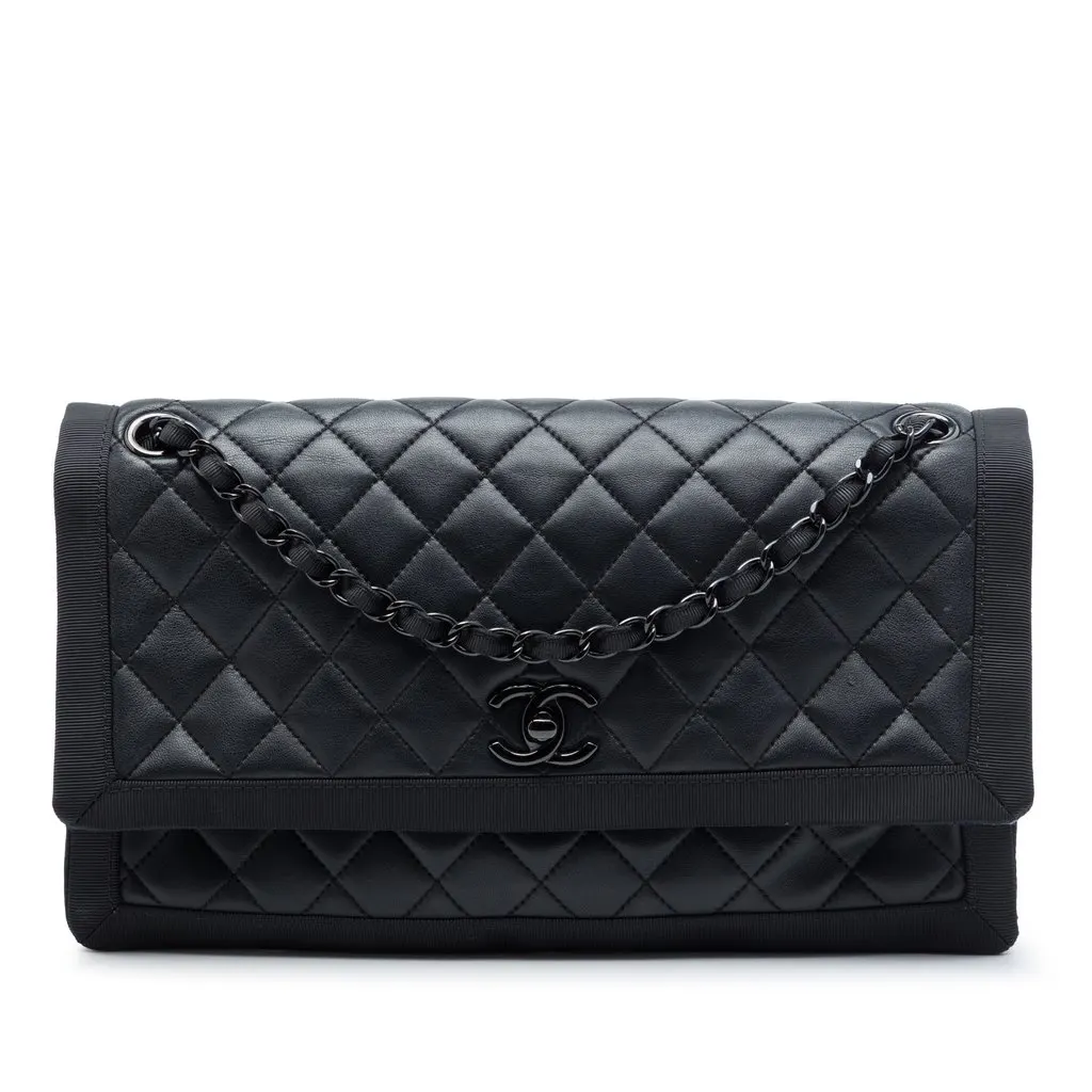 Chanel CC Quilted Lambskin and Grosgrain So Black Flap Black Leather Very good - Front View