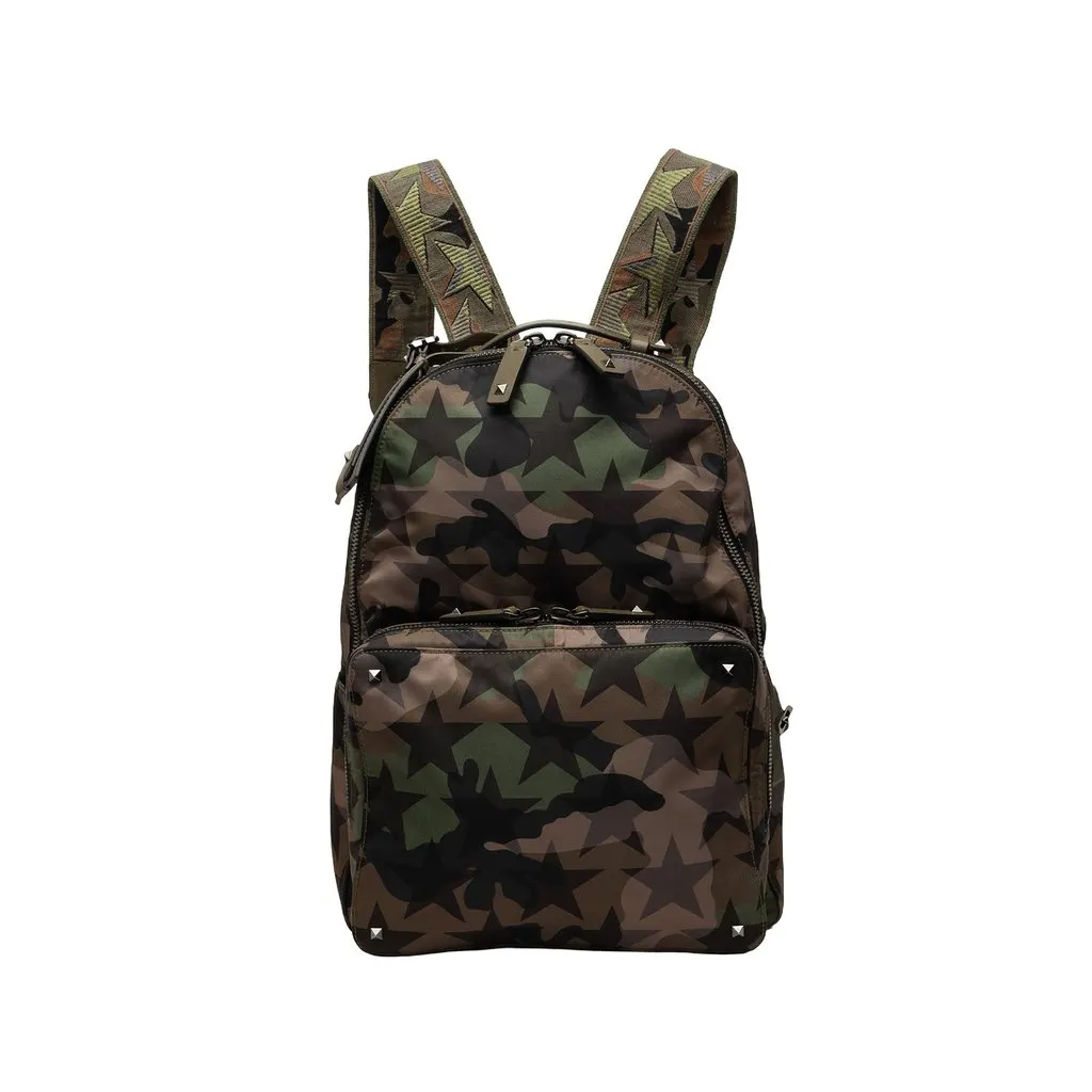 Valentino Nylon Rockstud Camouflage Stars Backpack Brown Polyamide Very good - Front View