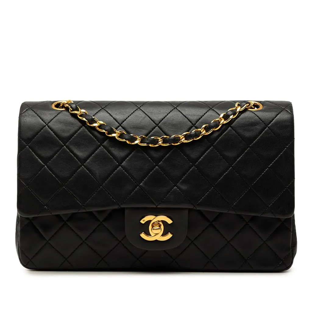 Chanel Medium Classic Lambskin Double Flap Black Leather Good - Front View