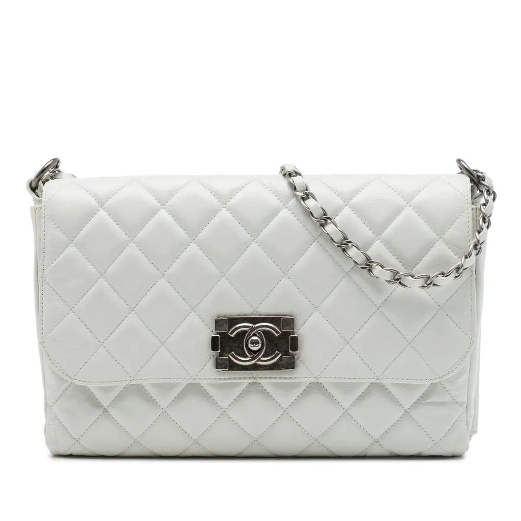 Chanel Quilted Glazed Calfskin Soft Boy Flap White Leather Very good - Front View